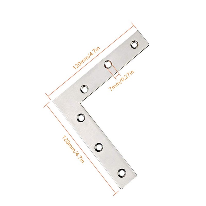 Tiberham Flat L Shaped Corner Bracket, Tiberham 2Pcs 120 x 120 mm Stainless Steel Right Angle Corner Brace Repair Plate, Heavy Duty Furniture Fastener Joint Corner Connector for Wood Shelf Cabinet Table Chair - Image 2